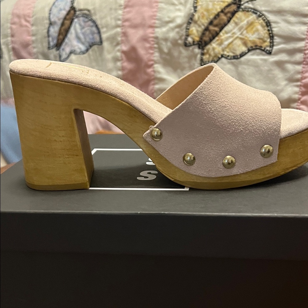 ShuShop Pink Suede Mules with Wooden Heel